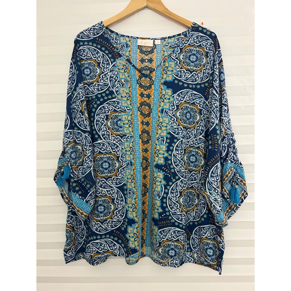 Belle by Kim Gravel Women 2X Blue Paisley Medallion Tassel Boho Tunic Top V-Neck